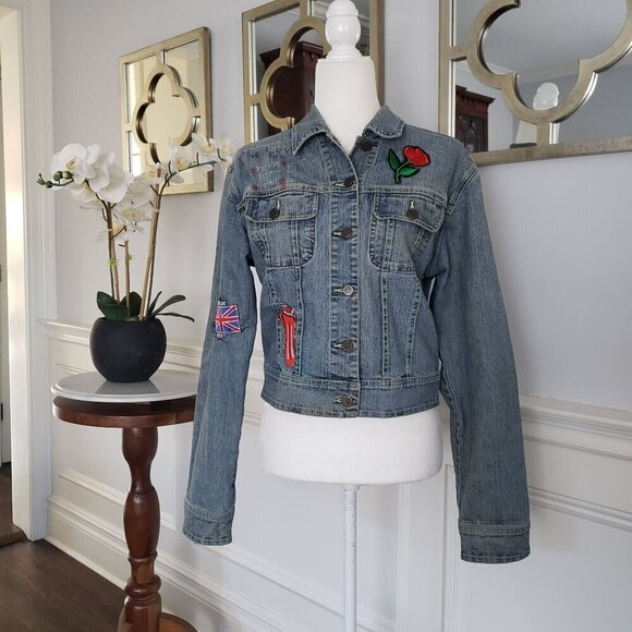 Vintage MED Denim Jean Biker Jacket UK Flag Rock & Roll Boho Retro Indie Grunge - Picture 16 of 16